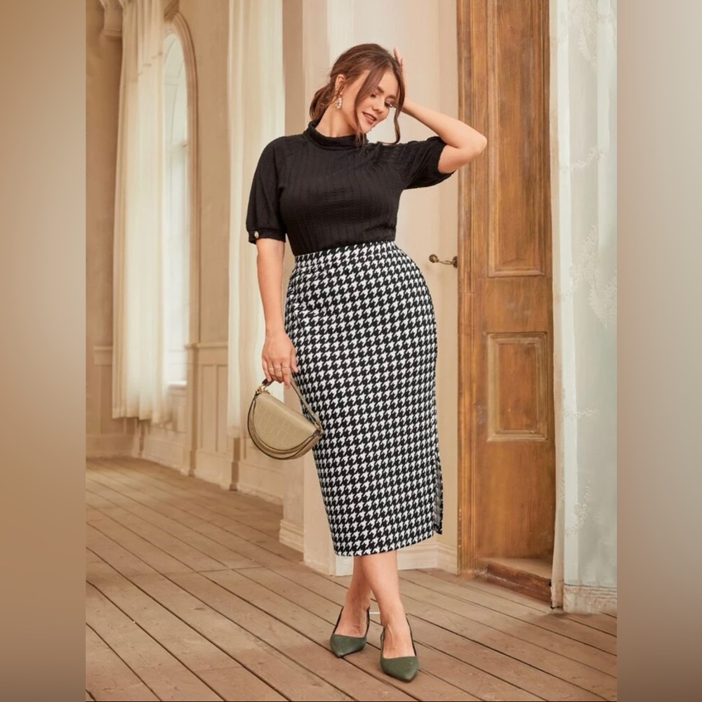 SHEIN Plus High Waist Houndstooth Slit Skirt